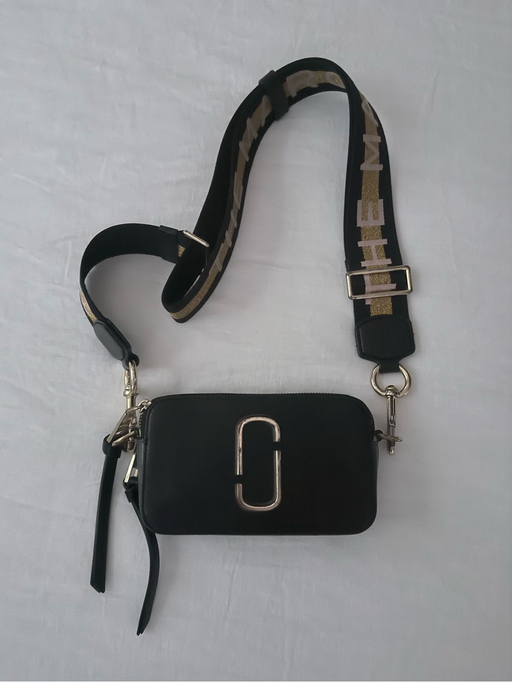 Marc Jacobs Black Leather Crossbody with Gold Logo Hardware and Branded Strap